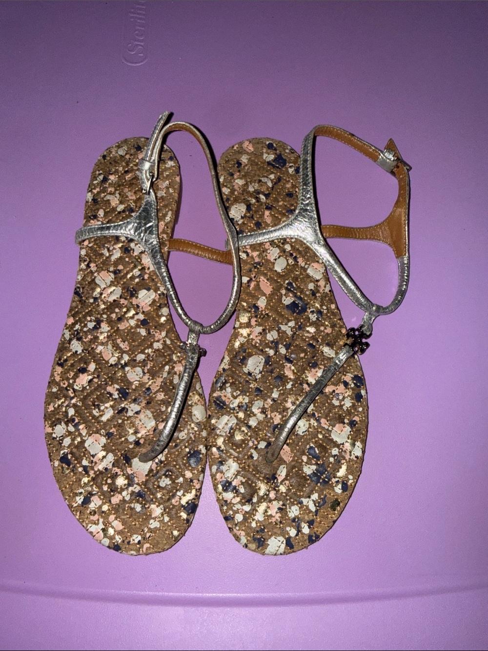 Tory Burch Metallic Silver T-Strap Cork-Pattern Sandals